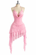 Soleia pink halter ruffle asymmetrical dress view 1
