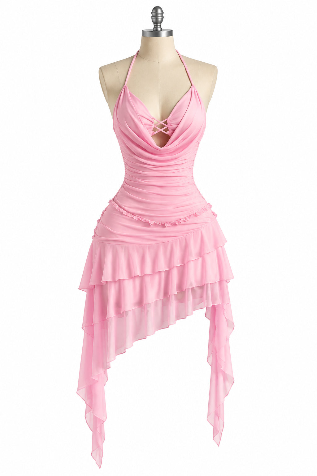 Soleia pink halter ruffle asymmetrical dress view 1
