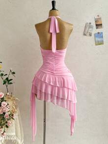 Soleia pink halter ruffle asymmetrical dress view 2