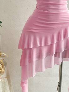 Soleia pink halter ruffle asymmetrical dress view 5